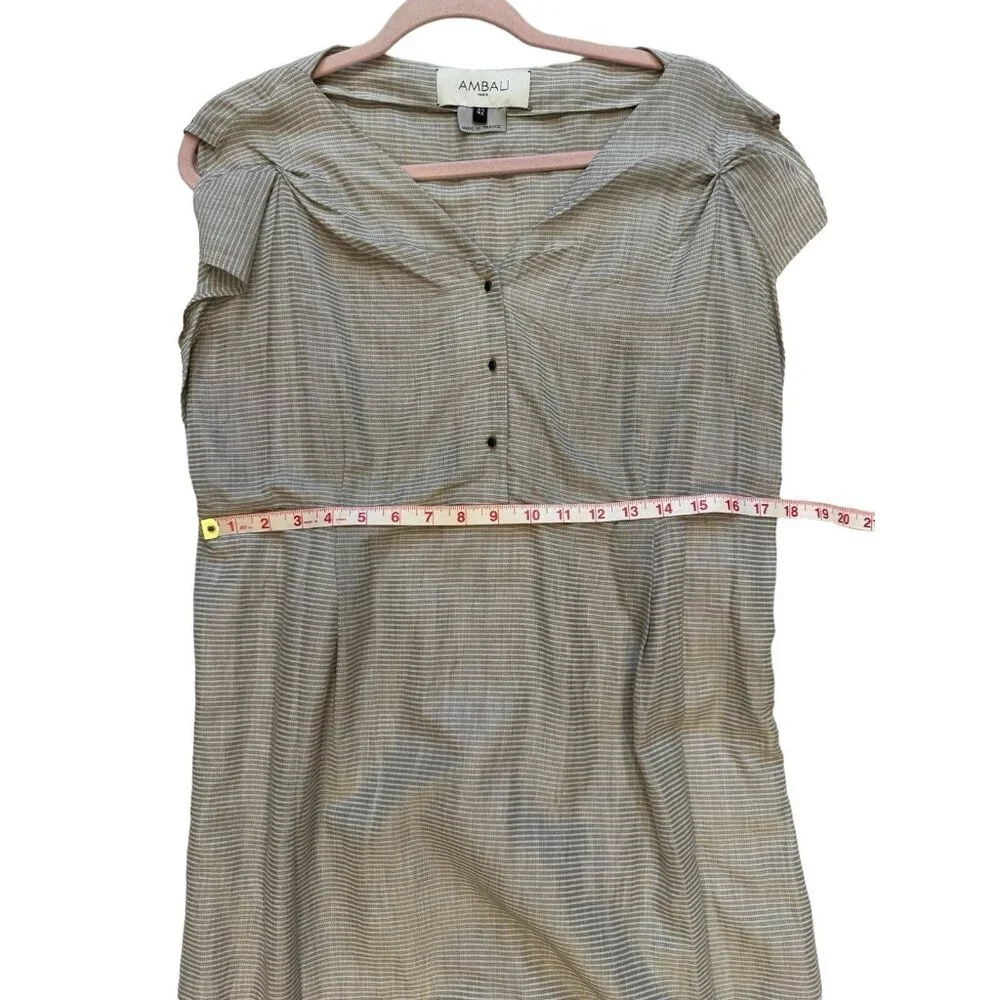 AMBALI Paris Dress US Size 10 Striped Pleated Taupe White Made in France Size 42 - Picture 7 of 12